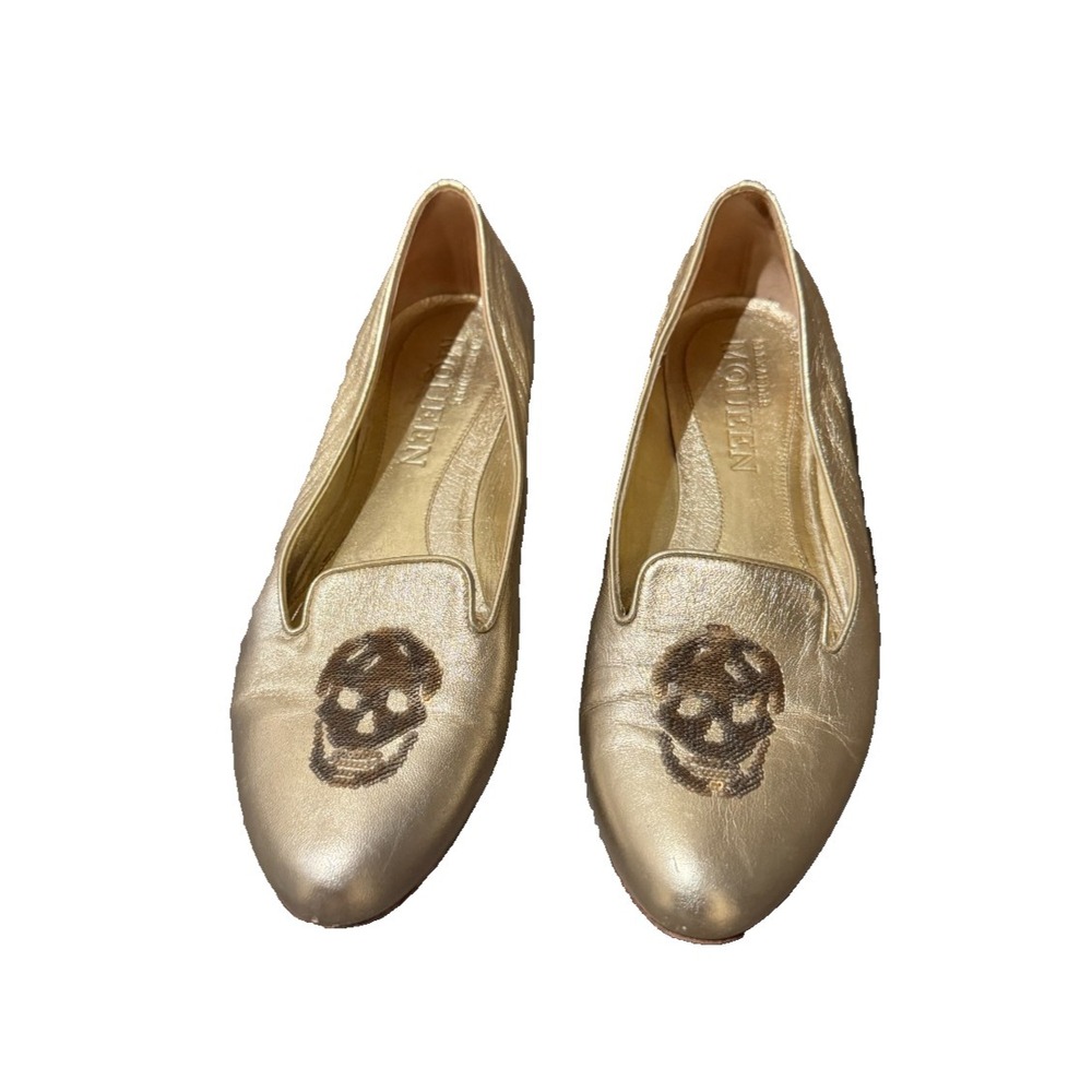 Alexander McQueen shoes 39.5 Golden Gold Leather Skull Ballet Loafer Flats